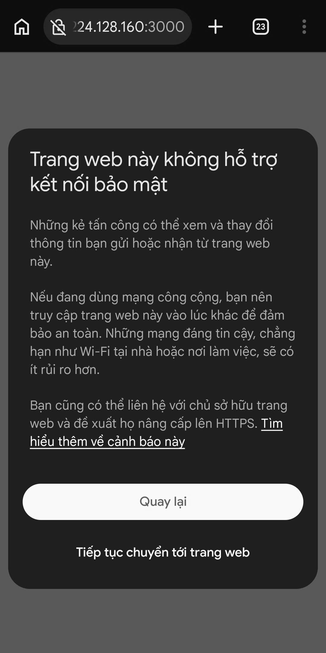 Màn hình cảnh báo Tiếng Việt - Bấm Tiếp tục chuyển tới trang web