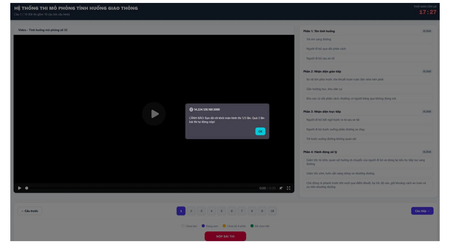 Màn hình cảnh báo vi phạm rời khỏi cửa sổ thi quá 3 lần tự động nộp bài