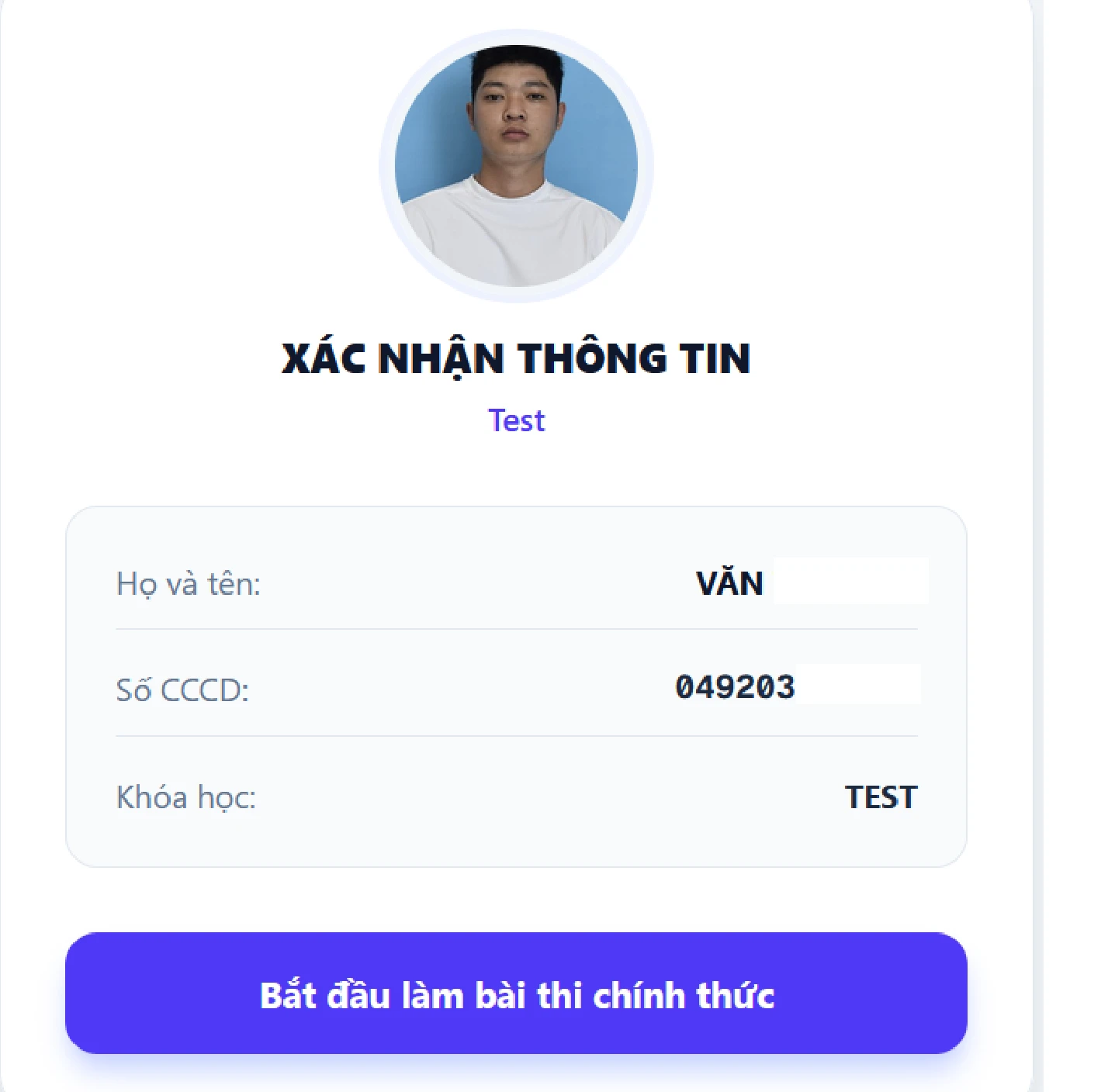 Màn hình xác nhận thông tin thí sinh trước khi làm bài thi mô phỏng
